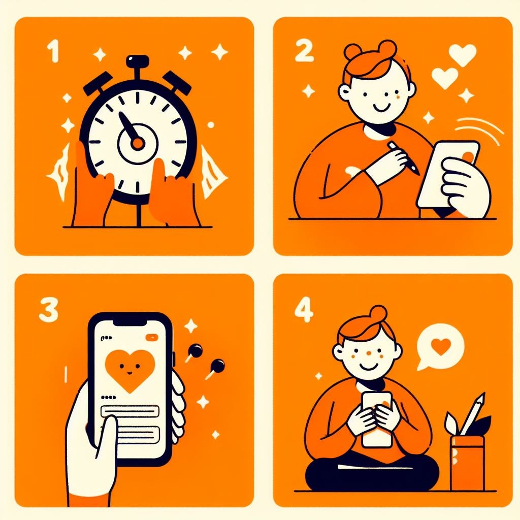 Illustration in vier Feldern: Stoppuhr, Person mit Stift und Smartphone, Smartphone mit Herz, Person mit Sprechblase und Herz.
